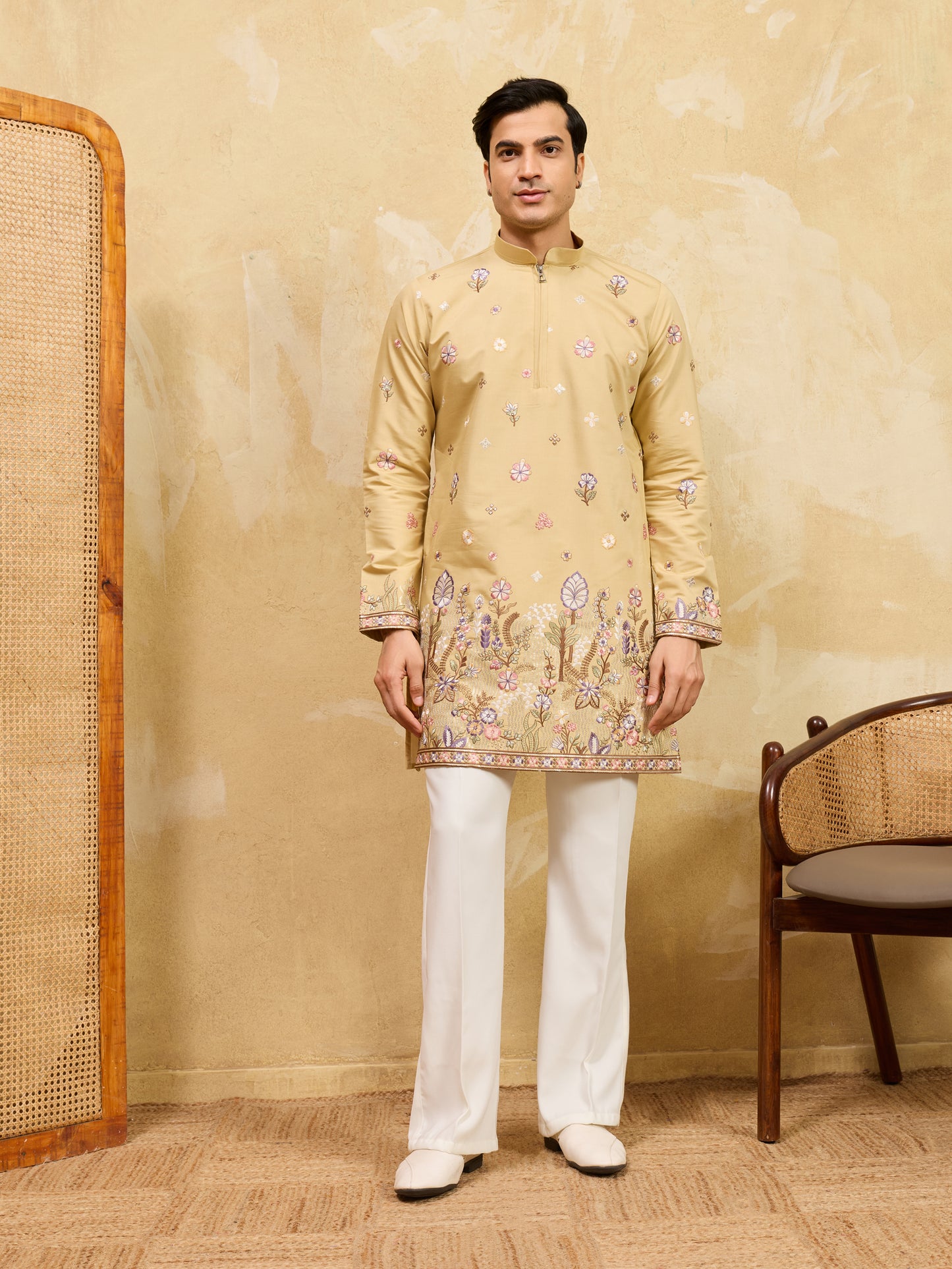 Mustard Floral Embroidered Festive Kurta for Men