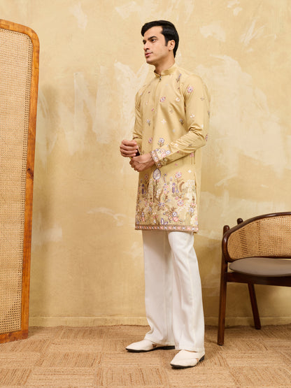 Mustard Floral Embroidered Festive Kurta for Men