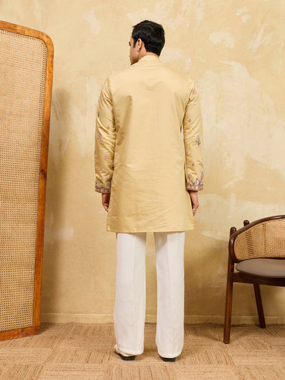 Mustard Floral Embroidered Festive Kurta for Men