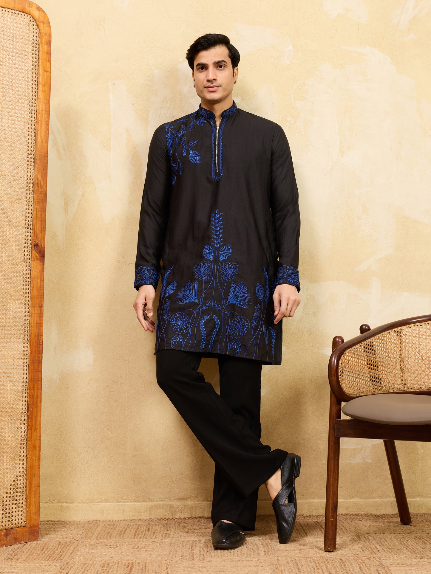 Men’s Noir Royale Blue Embroidered Kurta Set – Designer Black Festive & Wedding Wear with Coordinated Trouser