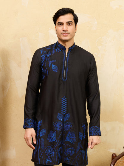 Men’s Noir Royale Blue Embroidered Kurta Set – Designer Black Festive & Wedding Wear with Coordinated Trouser