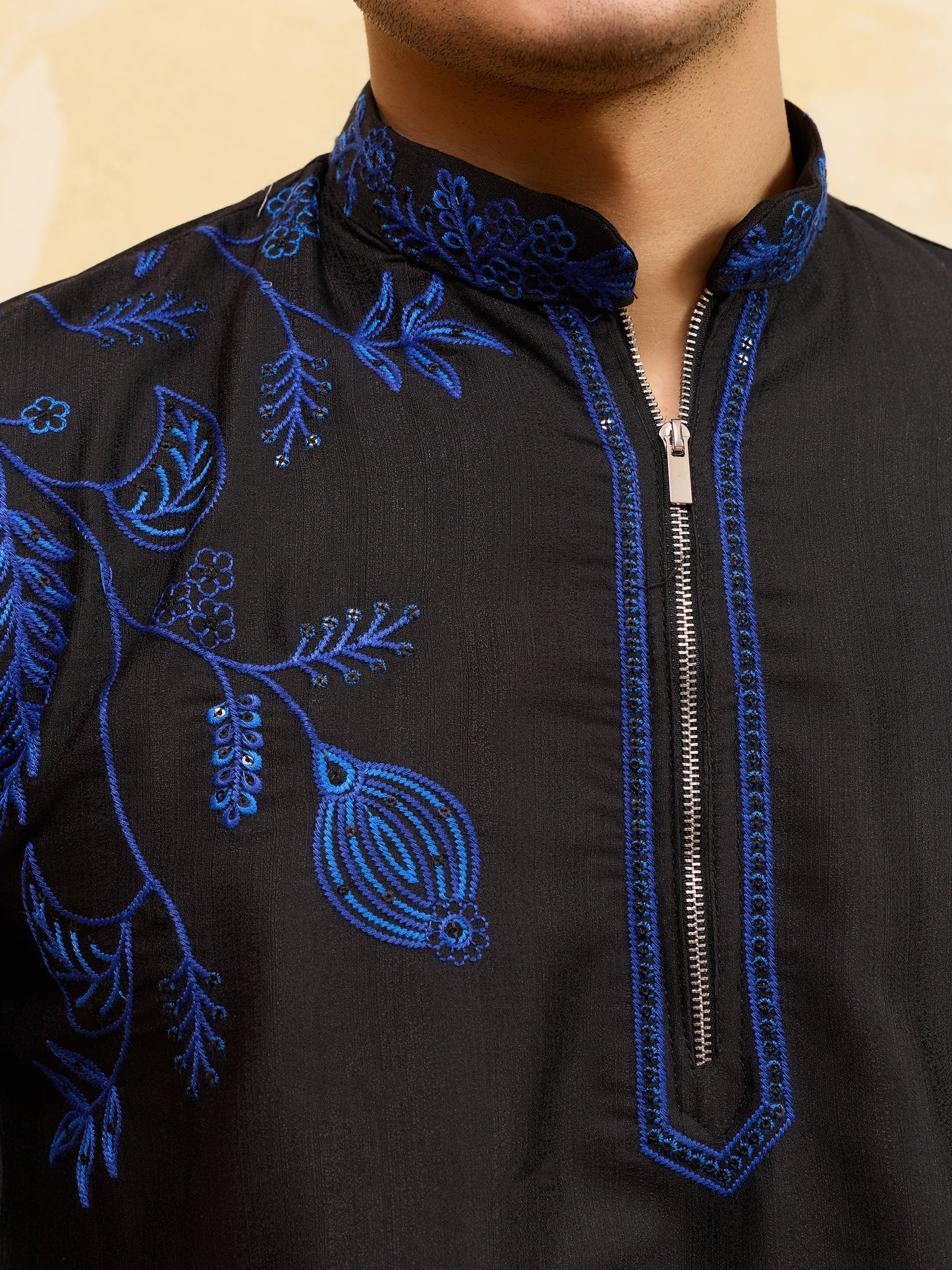 Men’s Noir Royale Blue Embroidered Kurta Set – Designer Black Festive & Wedding Wear with Coordinated Trouser