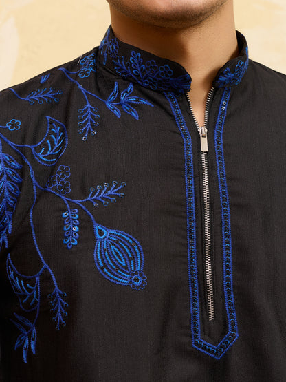 Men’s Noir Royale Blue Embroidered Kurta Set – Designer Black Festive & Wedding Wear with Coordinated Trouser