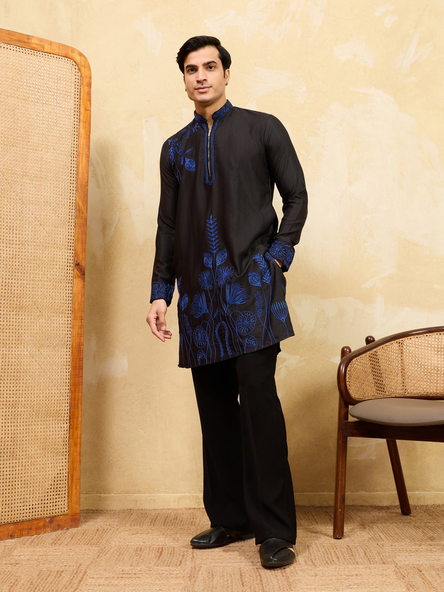 Men’s Noir Royale Blue Embroidered Kurta Set – Designer Black Festive & Wedding Wear with Coordinated Trouser