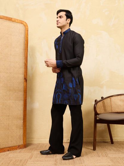 Men’s Noir Royale Blue Embroidered Kurta Set – Designer Black Festive & Wedding Wear with Coordinated Trouser