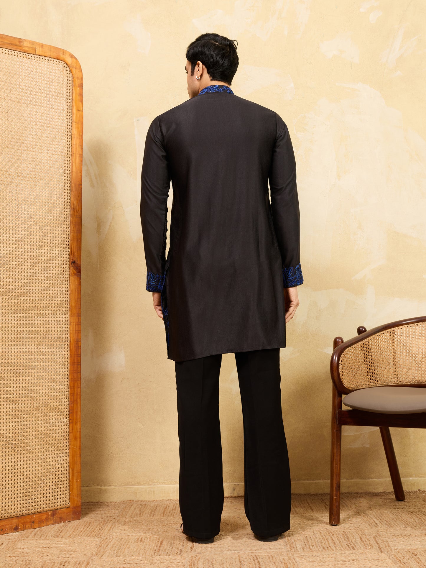 Men’s Noir Royale Blue Embroidered Kurta Set – Designer Black Festive & Wedding Wear with Coordinated Trouser