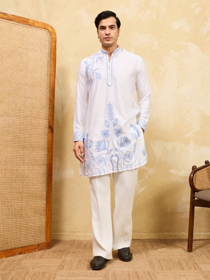 Men’s White Kurta with Blue Embroidery – Designer Festive &amp; Wedding Wear
