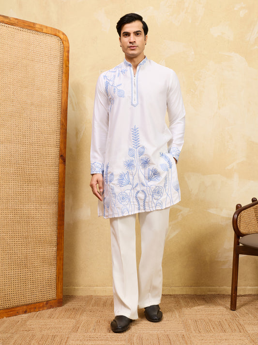 Men’s White Kurta with Blue Embroidery – Designer Festive &amp; Wedding Wear