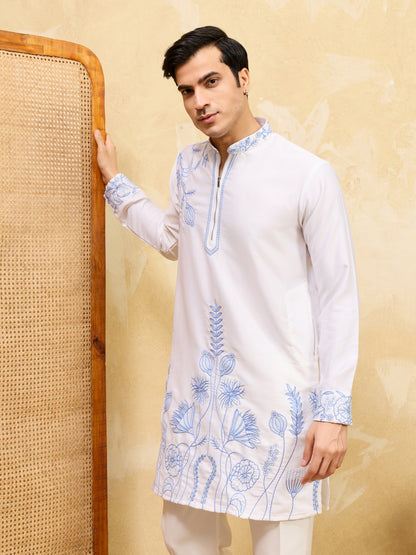 Men’s White Kurta with Blue Embroidery – Designer Festive &amp; Wedding Wear