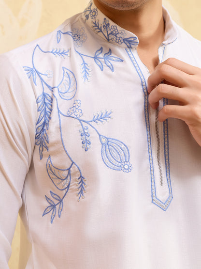 Men’s White Kurta with Blue Embroidery – Designer Festive &amp; Wedding Wear