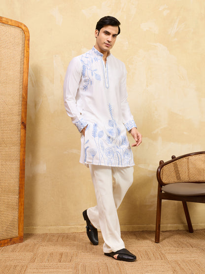 Men’s White Kurta with Blue Embroidery – Designer Festive &amp; Wedding Wear