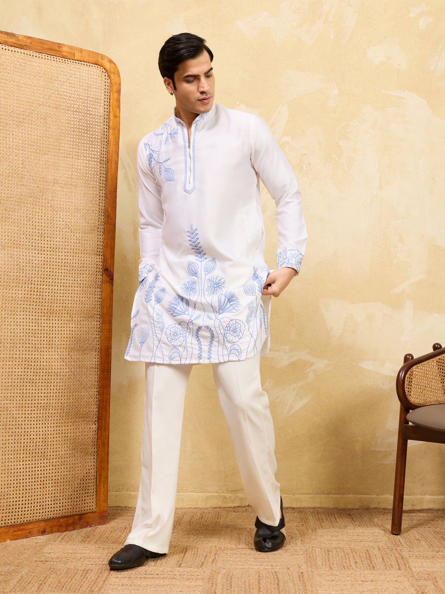 Men’s White Kurta with Blue Embroidery – Designer Festive &amp; Wedding Wear