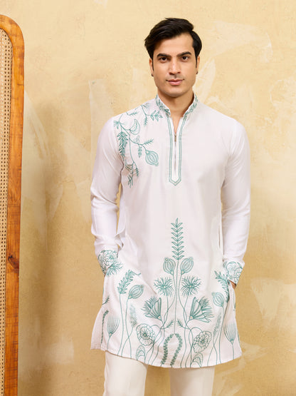 Premium White Khadi Silk Kurta for Men with Teal Blue Floral Thread Embroidery