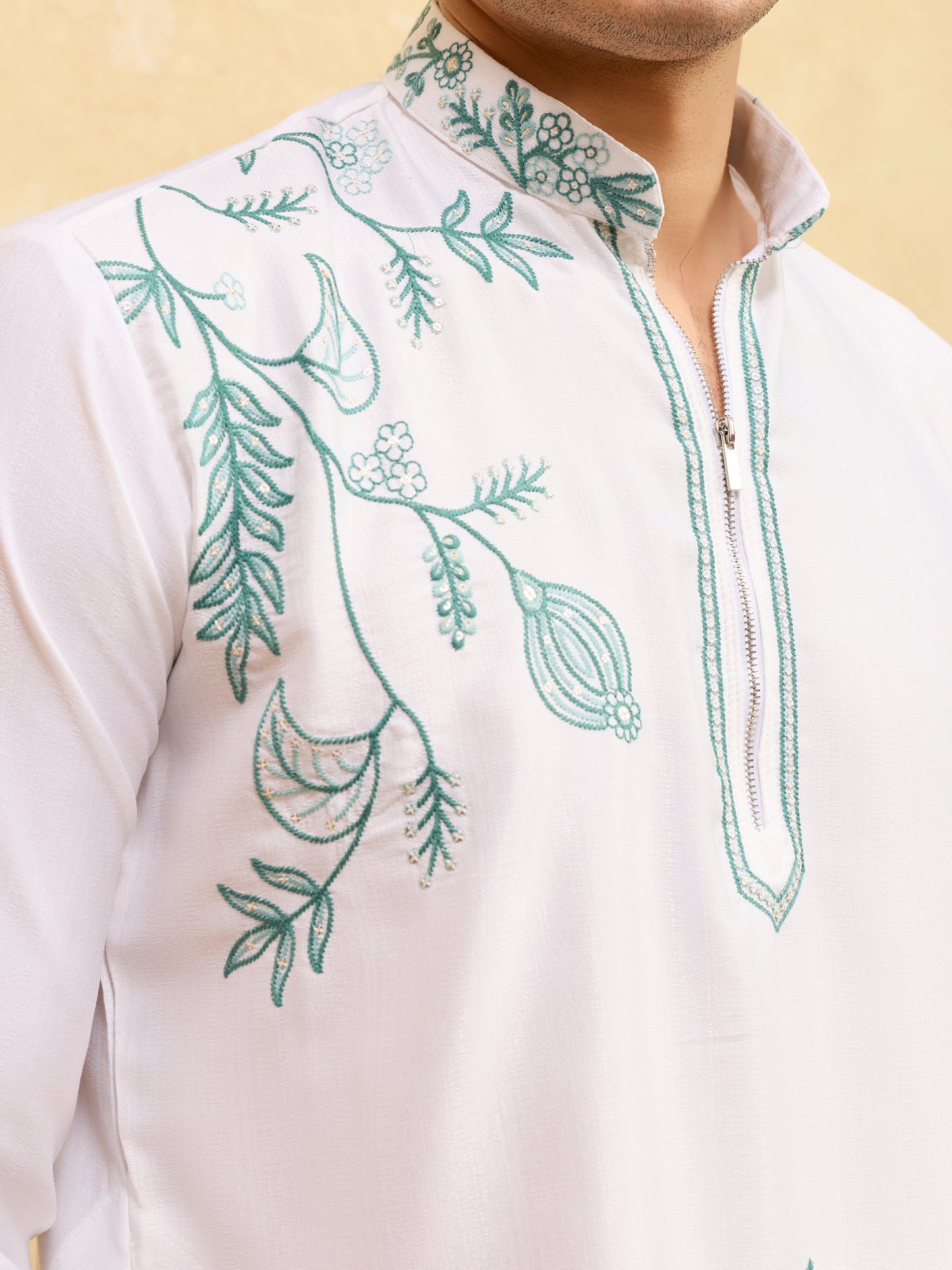 Premium White Khadi Silk Kurta for Men with Teal Blue Floral Thread Embroidery