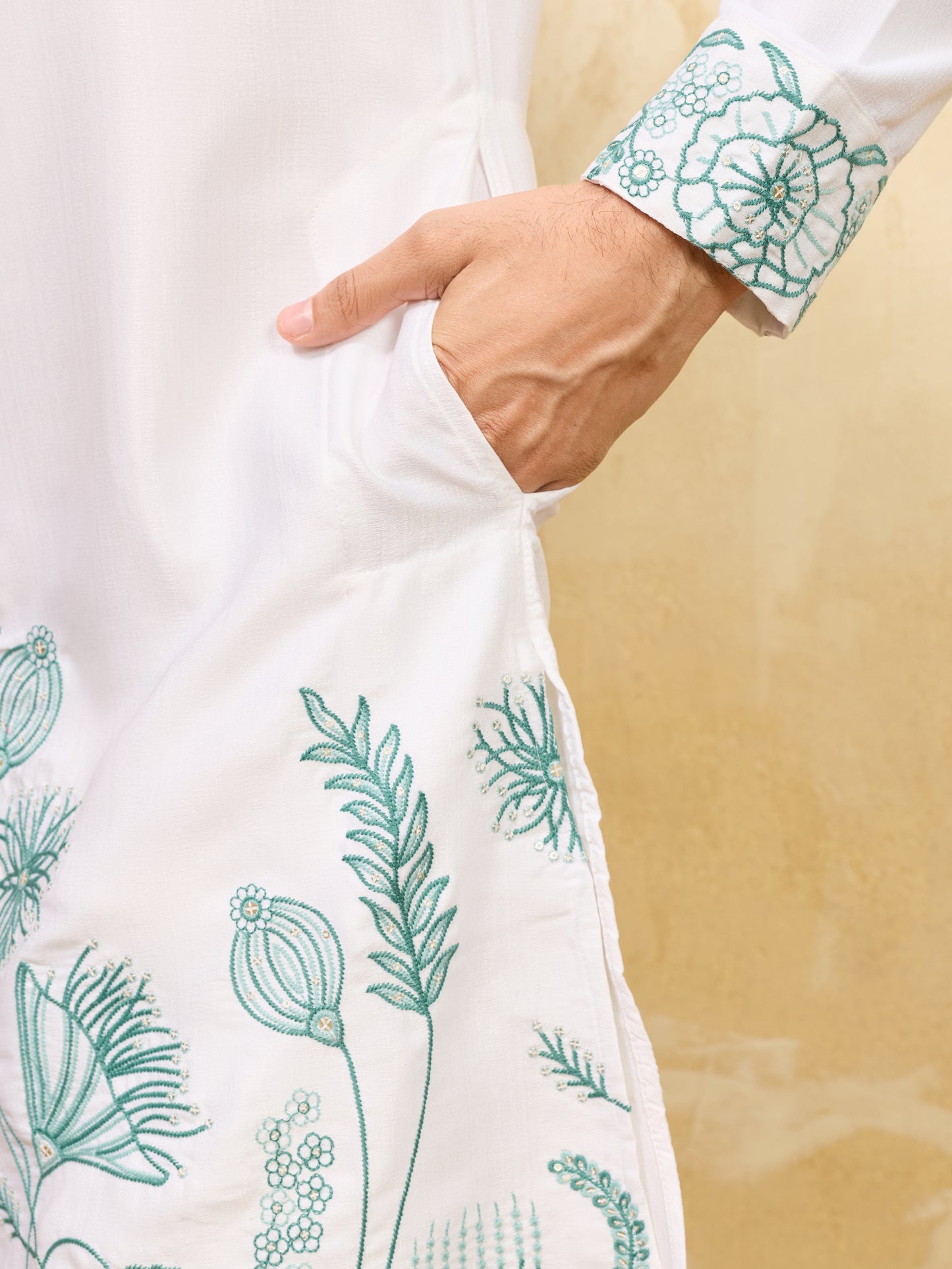 Premium White Khadi Silk Kurta for Men with Teal Blue Floral Thread Embroidery