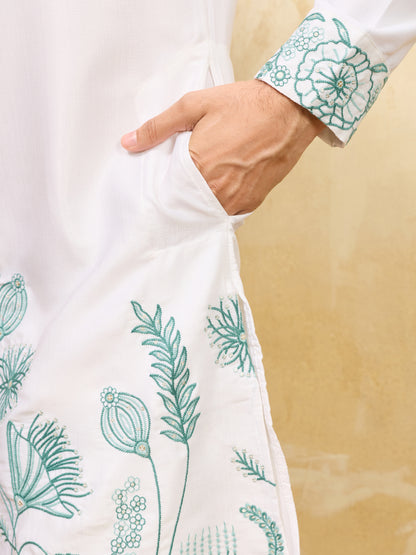 Premium White Khadi Silk Kurta for Men with Teal Blue Floral Thread Embroidery