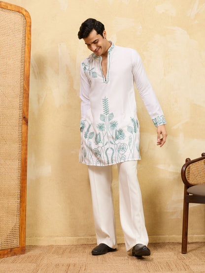 Premium White Khadi Silk Kurta for Men with Teal Blue Floral Thread Embroidery