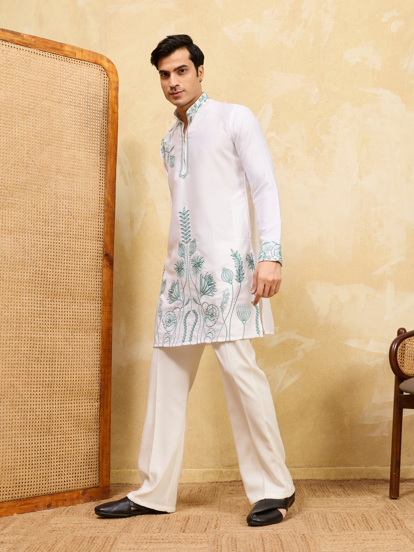 Premium White Khadi Silk Kurta for Men with Teal Blue Floral Thread Embroidery