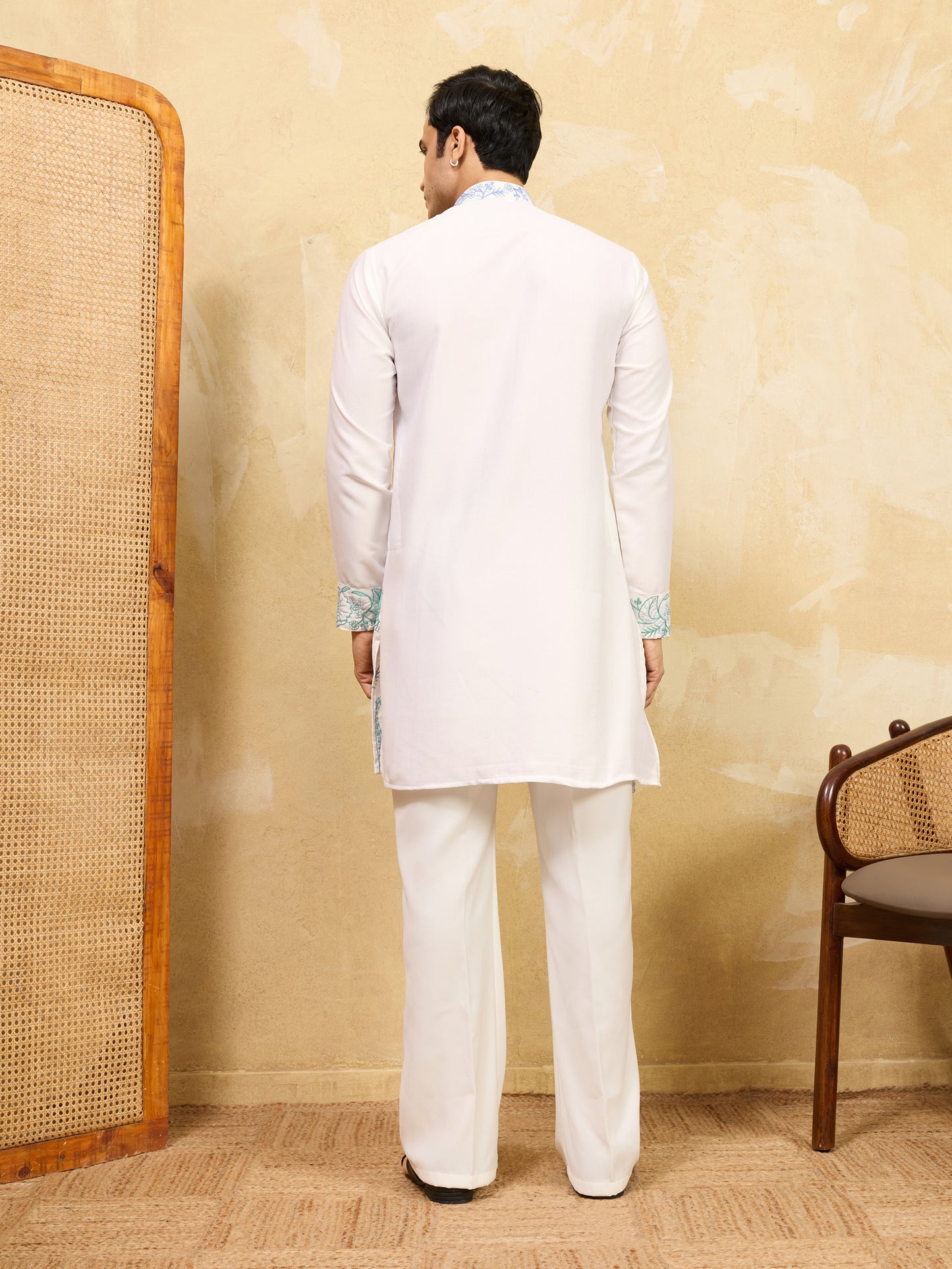 Premium White Khadi Silk Kurta for Men with Teal Blue Floral Thread Embroidery