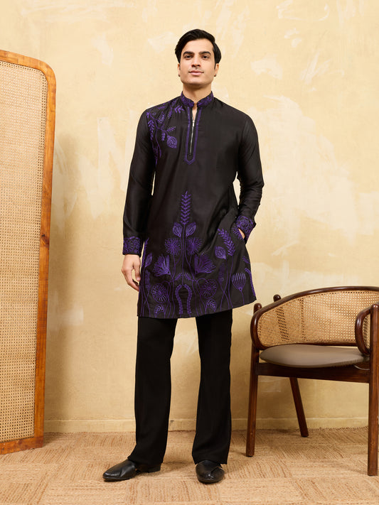 Royal Black Khadi Silk Kurta for Men with Regal Purple Embroidery – Designer Festive & Wedding Wear