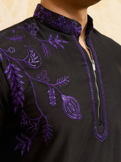 Royal Black Khadi Silk Kurta for Men with Regal Purple Embroidery – Designer Festive & Wedding Wear