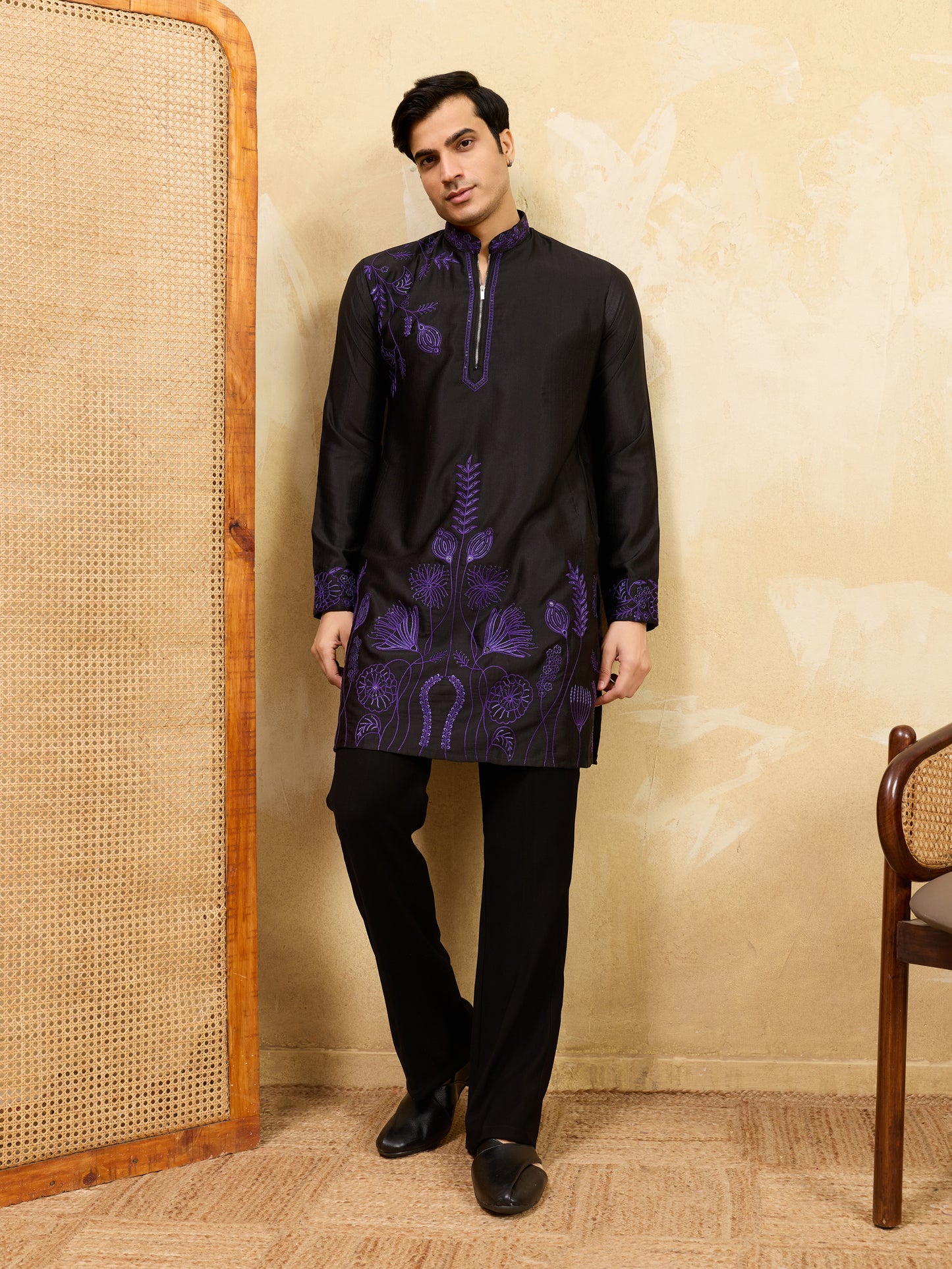 Royal Black Khadi Silk Kurta for Men with Regal Purple Embroidery – Designer Festive & Wedding Wear