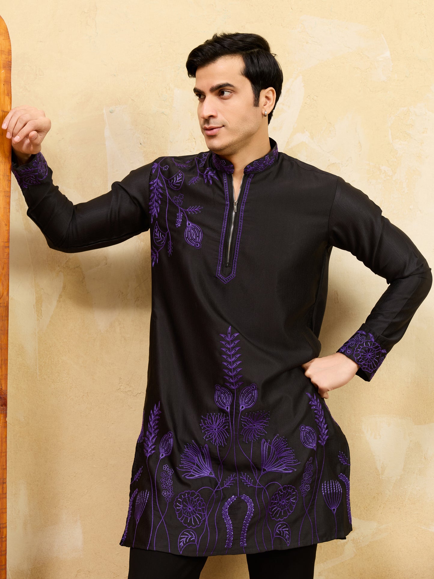 Royal Black Khadi Silk Kurta for Men with Regal Purple Embroidery – Designer Festive & Wedding Wear