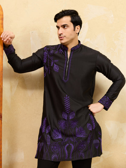Royal Black Khadi Silk Kurta for Men with Regal Purple Embroidery – Designer Festive & Wedding Wear