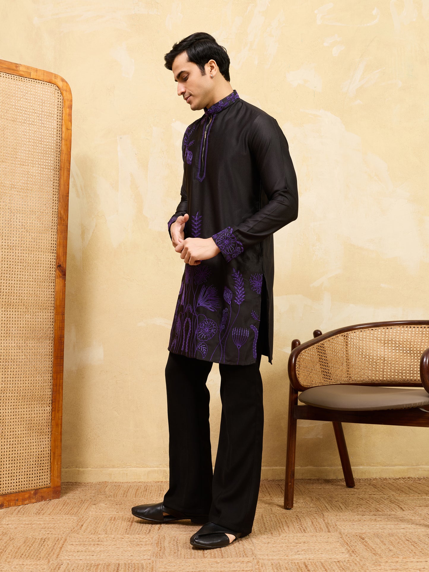 Royal Black Khadi Silk Kurta for Men with Regal Purple Embroidery – Designer Festive & Wedding Wear