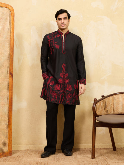 Midnight Black Khadi Silk Kurta for Men with Bold Red Embroidery – Designer Wedding & Festive Wear