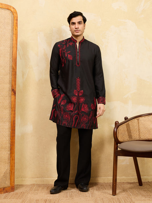 Midnight Black Khadi Silk Kurta for Men with Bold Red Embroidery – Designer Wedding & Festive Wear