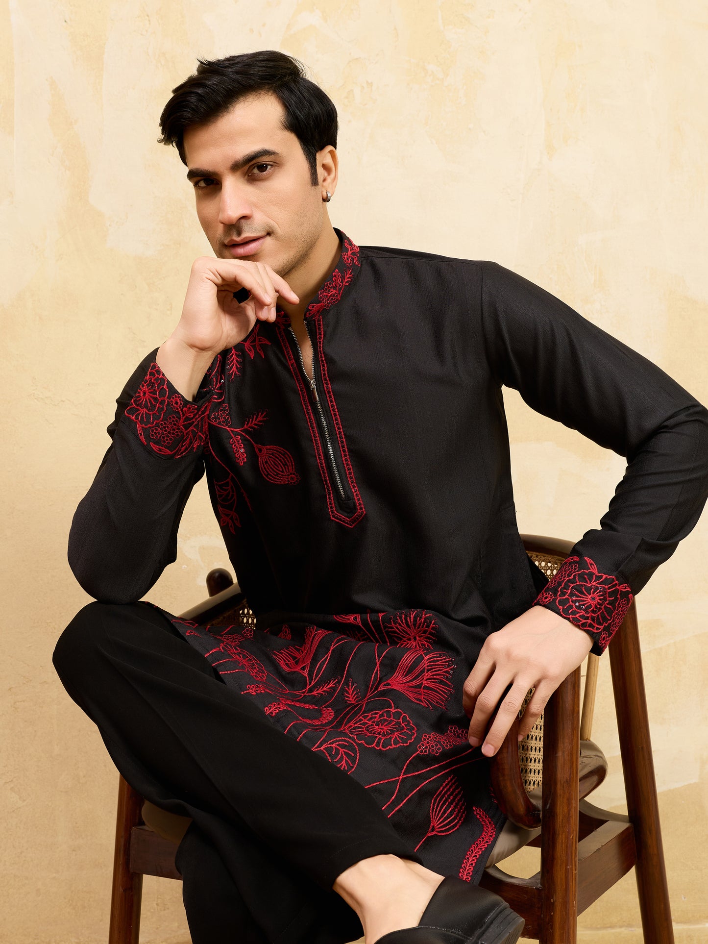 Midnight Black Khadi Silk Kurta for Men with Bold Red Embroidery – Designer Wedding & Festive Wear