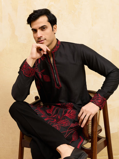 Midnight Black Khadi Silk Kurta for Men with Bold Red Embroidery – Designer Wedding & Festive Wear