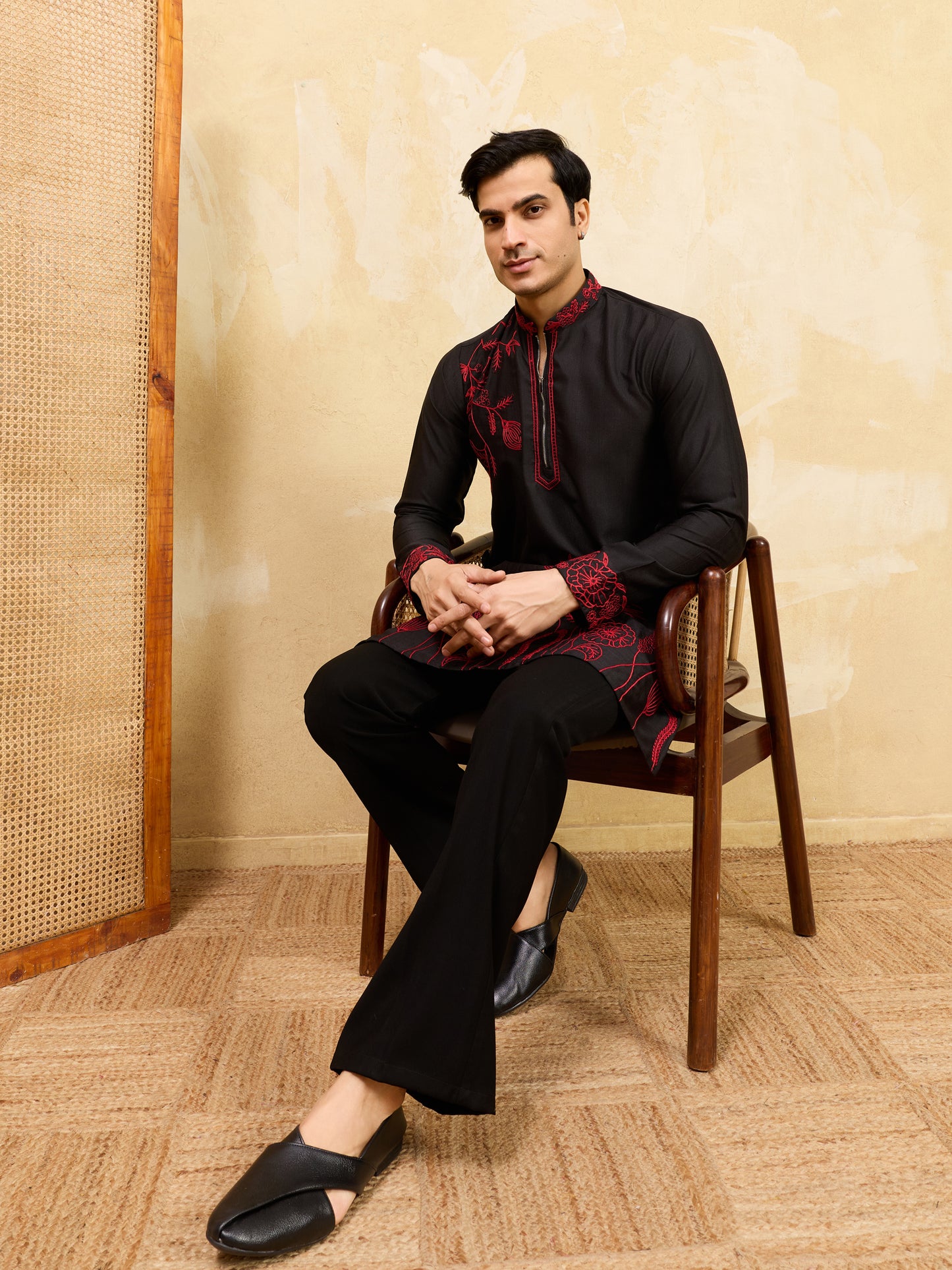 Midnight Black Khadi Silk Kurta for Men with Bold Red Embroidery – Designer Wedding & Festive Wear