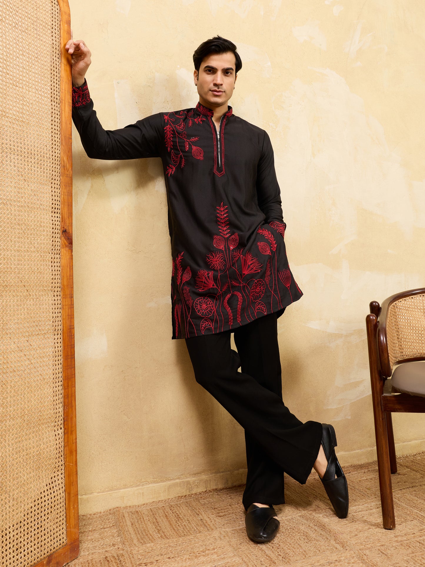 Midnight Black Khadi Silk Kurta for Men with Bold Red Embroidery – Designer Wedding & Festive Wear
