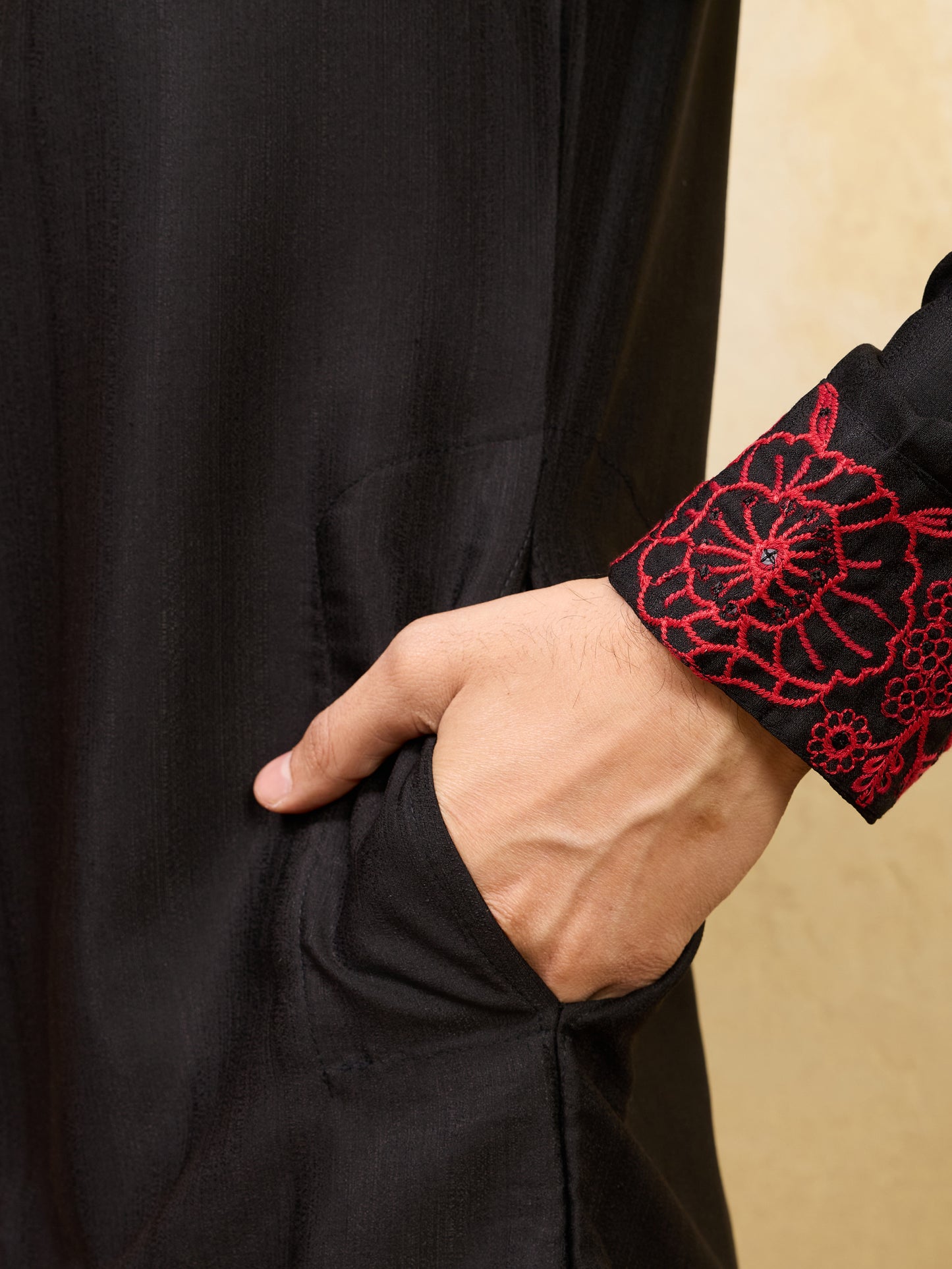 Midnight Black Khadi Silk Kurta for Men with Bold Red Embroidery – Designer Wedding & Festive Wear