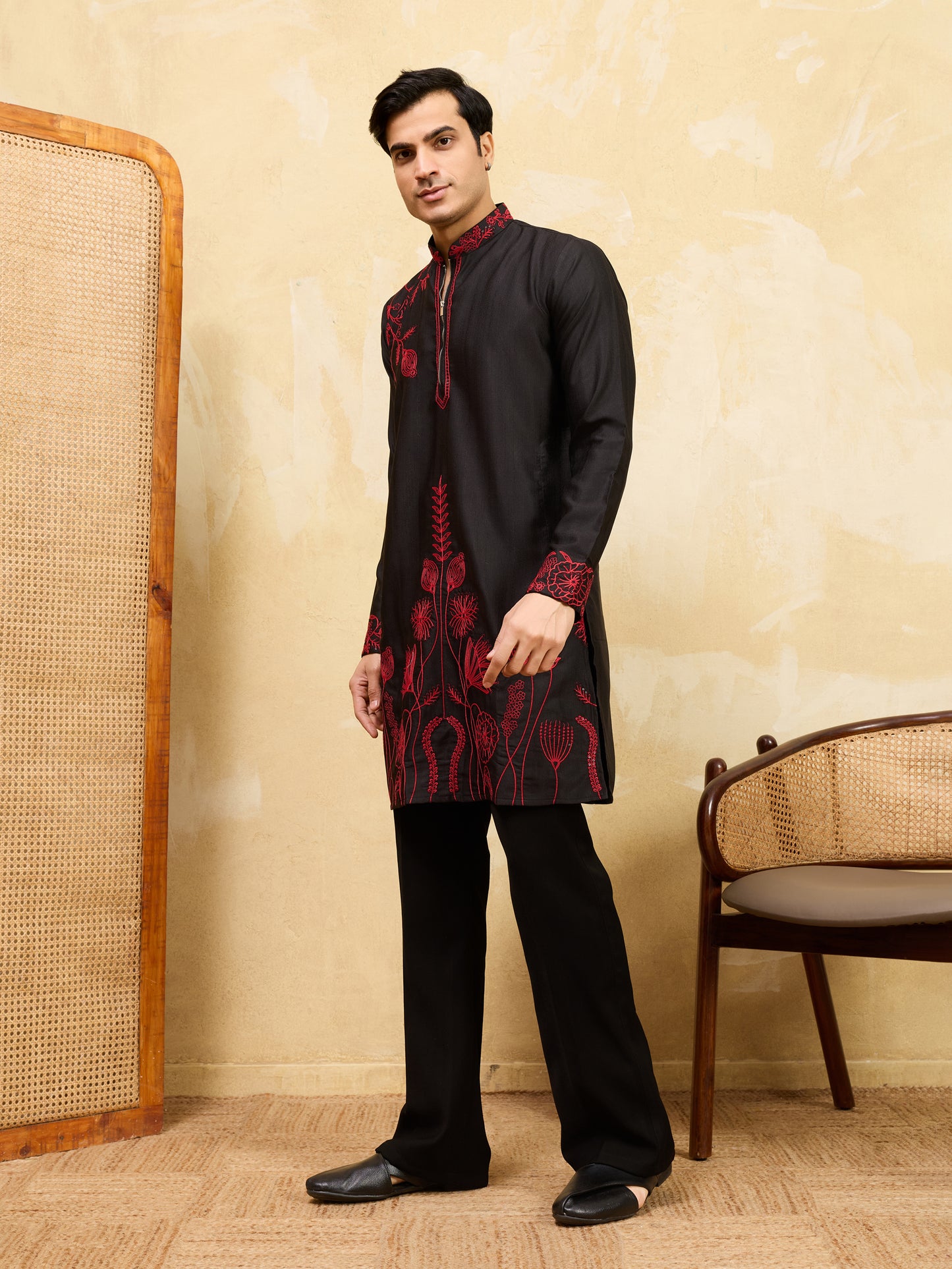 Midnight Black Khadi Silk Kurta for Men with Bold Red Embroidery – Designer Wedding & Festive Wear