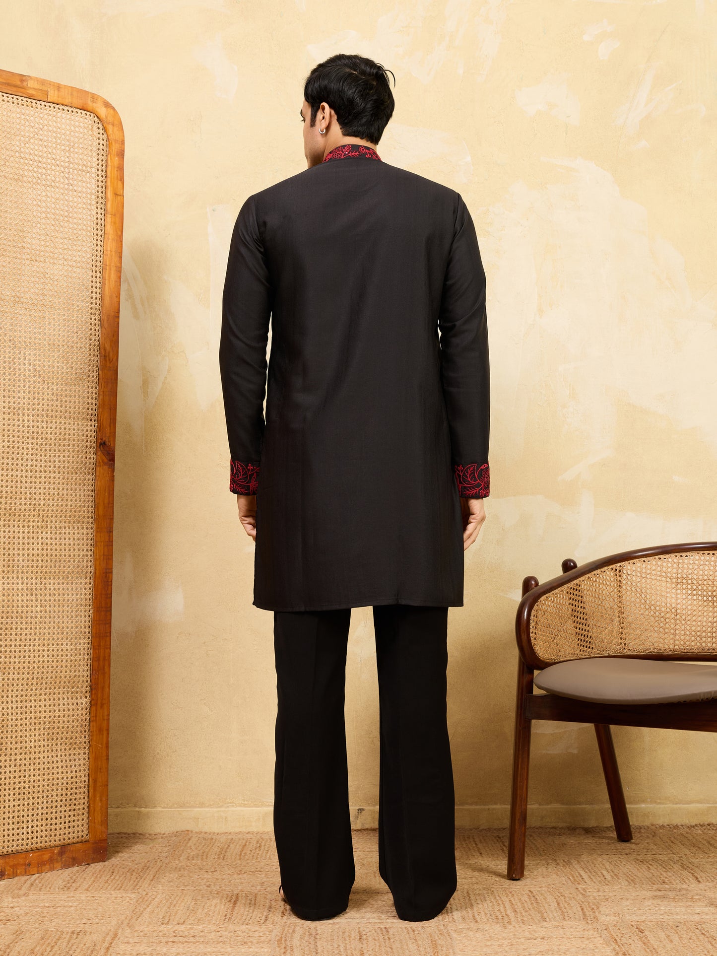 Midnight Black Khadi Silk Kurta for Men with Bold Red Embroidery – Designer Wedding & Festive Wear