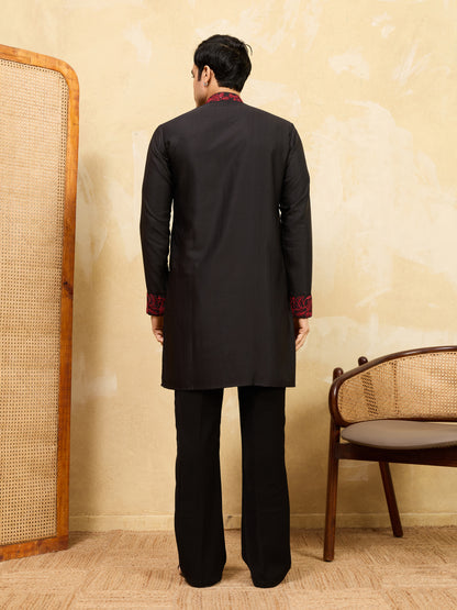 Midnight Black Khadi Silk Kurta for Men with Bold Red Embroidery – Designer Wedding & Festive Wear