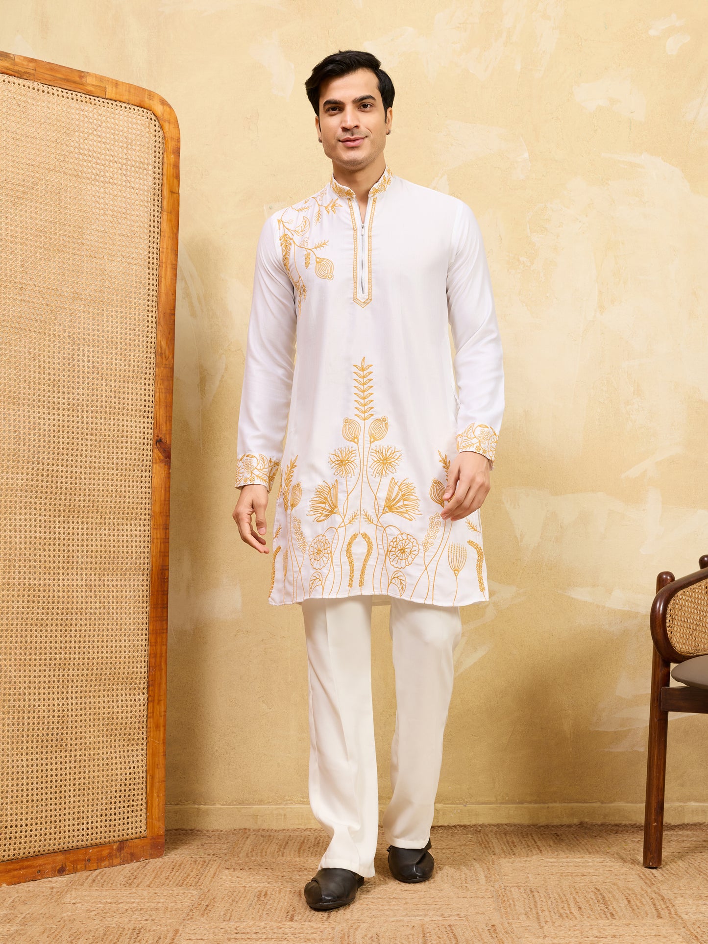Ivory White Khadi Silk Kurta for Men with Regal Gold Thread Embroidery – Luxury Wedding & Festive Wear