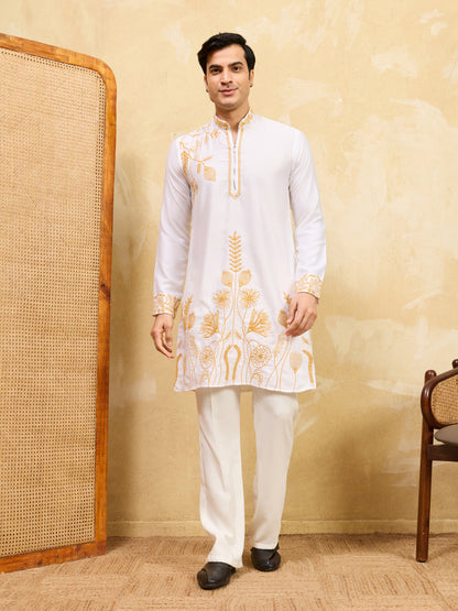 Ivory White Khadi Silk Kurta for Men with Regal Gold Thread Embroidery – Luxury Wedding & Festive Wear