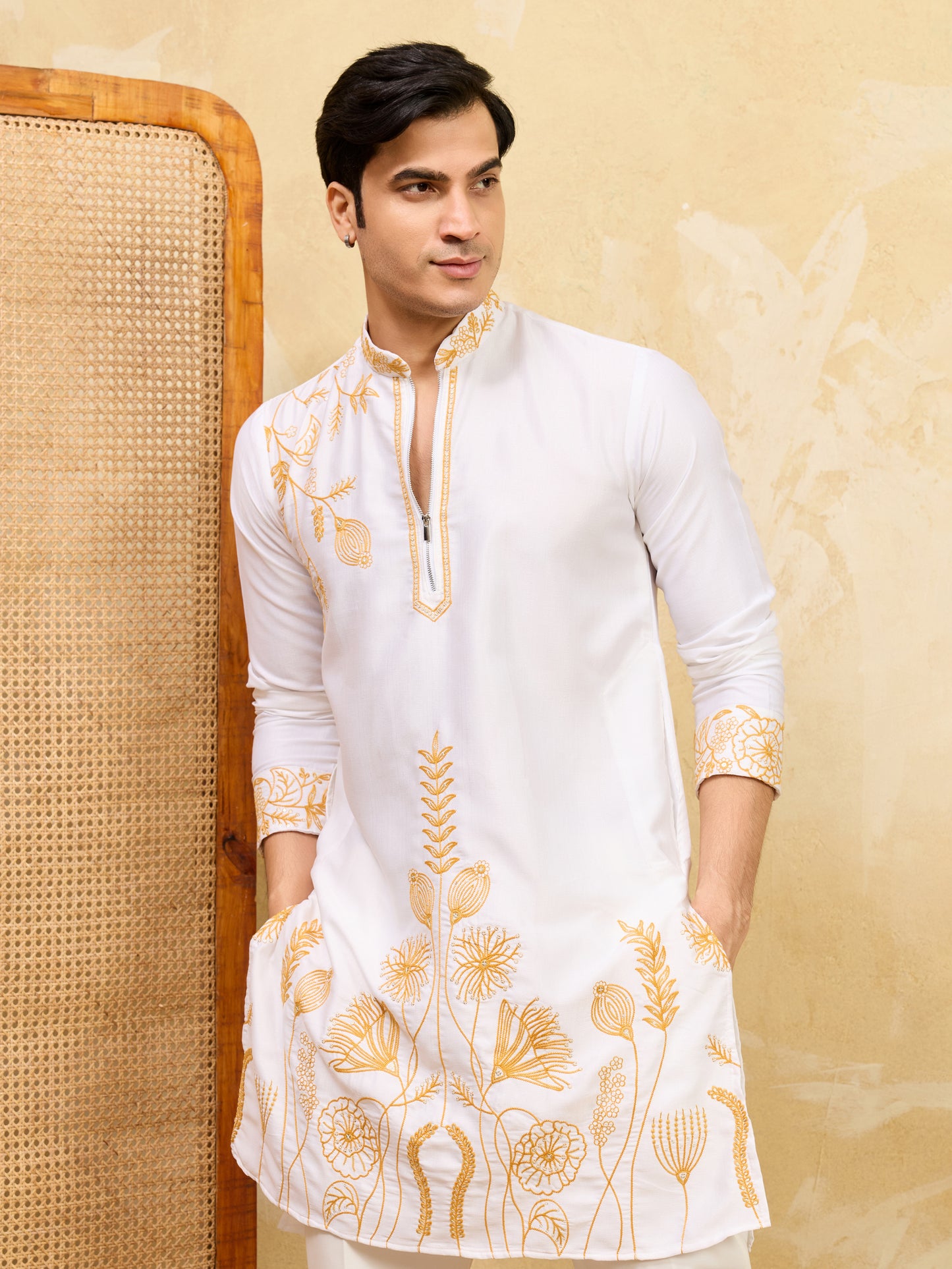 Ivory White Khadi Silk Kurta for Men with Regal Gold Thread Embroidery – Luxury Wedding & Festive Wear