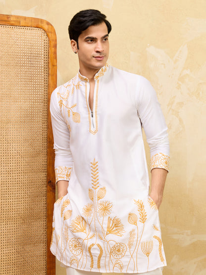 Ivory White Khadi Silk Kurta for Men with Regal Gold Thread Embroidery – Luxury Wedding & Festive Wear