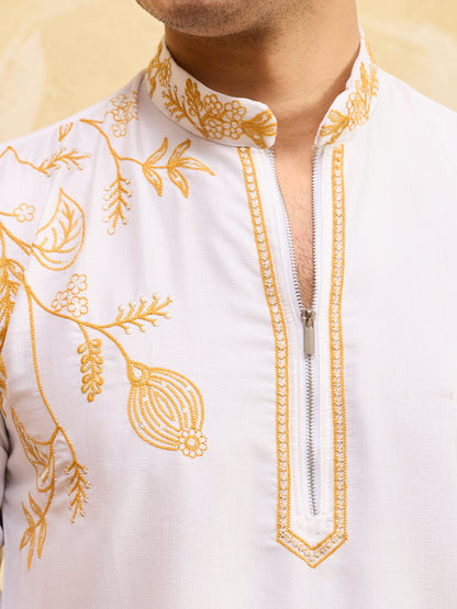 Ivory White Khadi Silk Kurta for Men with Regal Gold Thread Embroidery – Luxury Wedding & Festive Wear