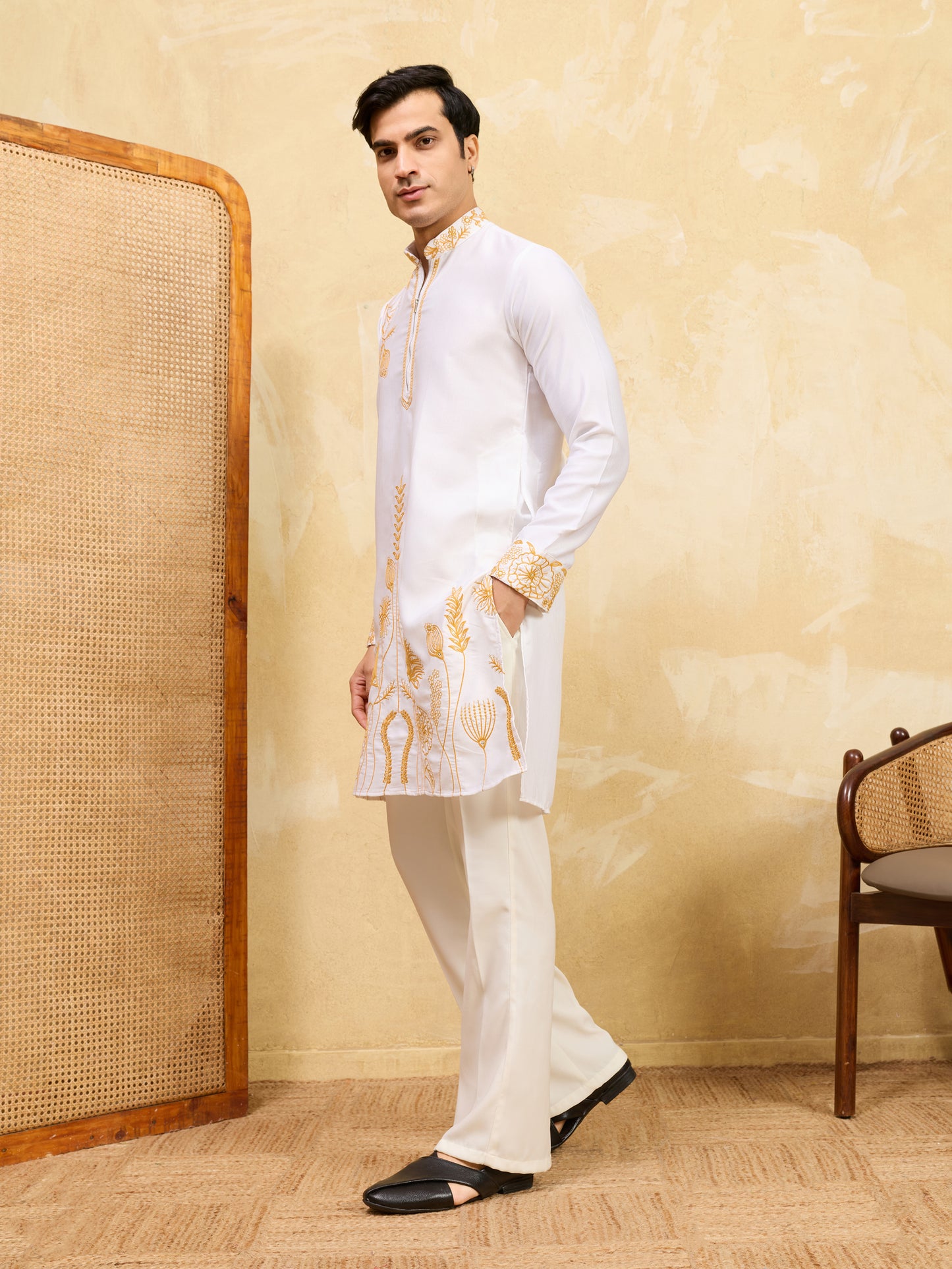 Ivory White Khadi Silk Kurta for Men with Regal Gold Thread Embroidery – Luxury Wedding & Festive Wear