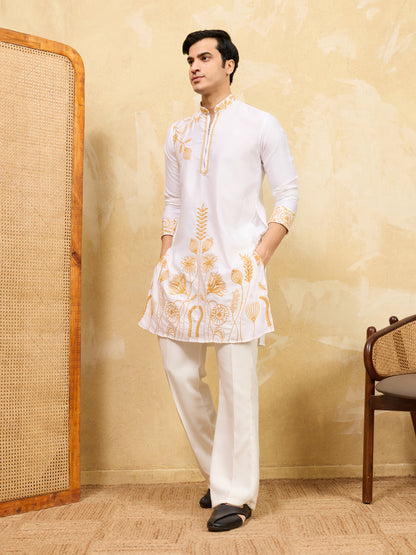 Ivory White Khadi Silk Kurta for Men with Regal Gold Thread Embroidery – Luxury Wedding & Festive Wear