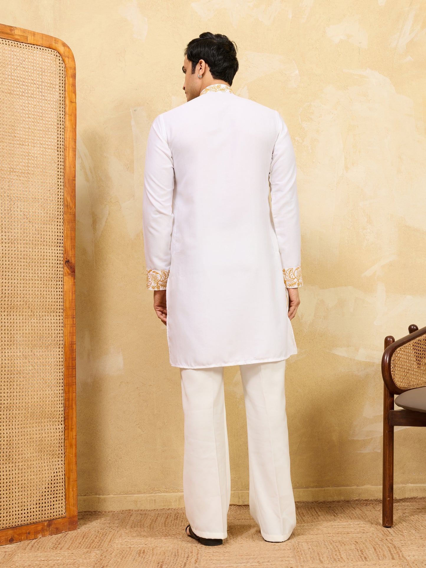 Ivory White Khadi Silk Kurta for Men with Regal Gold Thread Embroidery – Luxury Wedding & Festive Wear