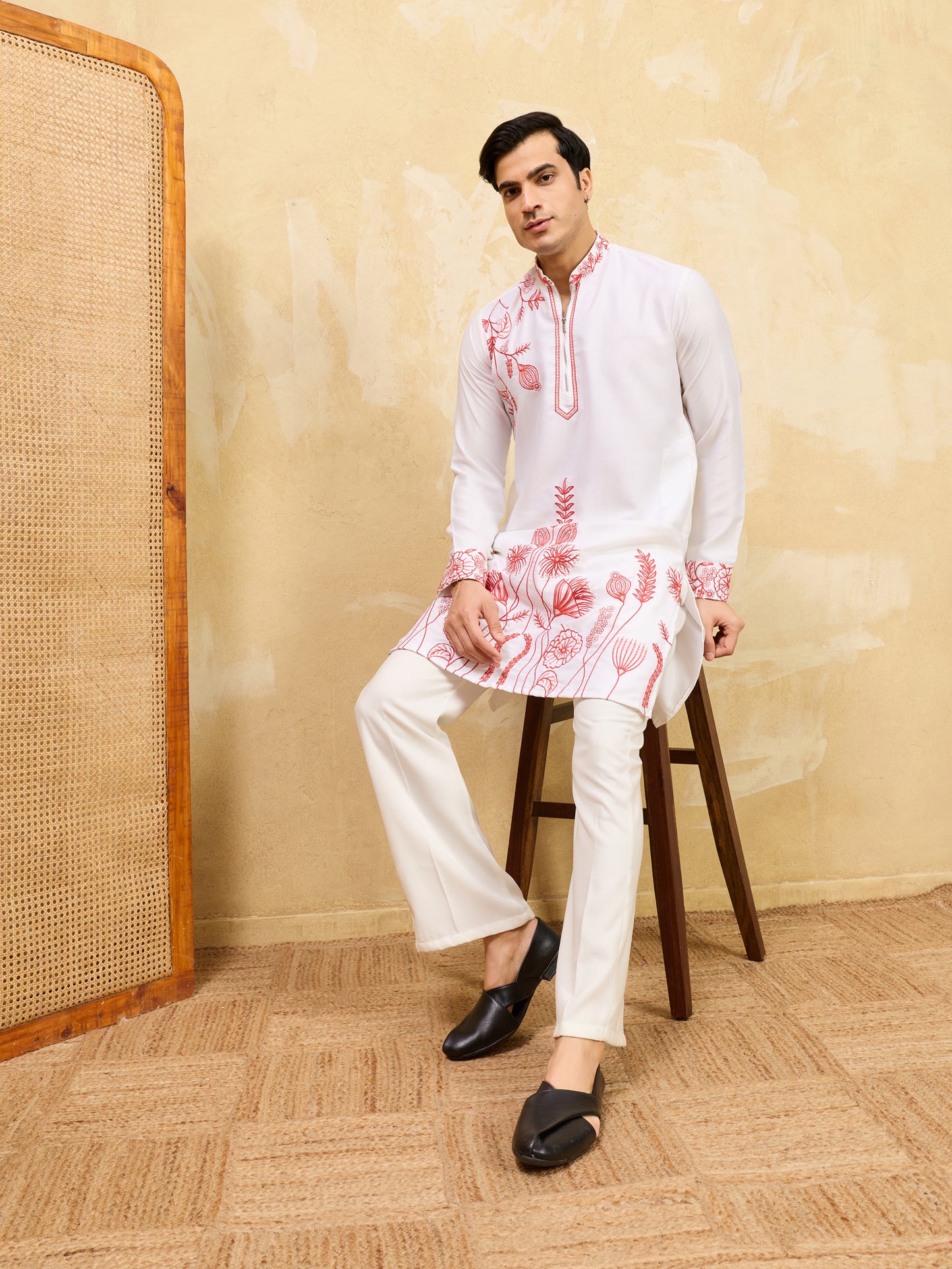Pure White Khadi Silk Kurta for Men with Vibrant Red Floral Embroidery – Designer Festive & Wedding Wear