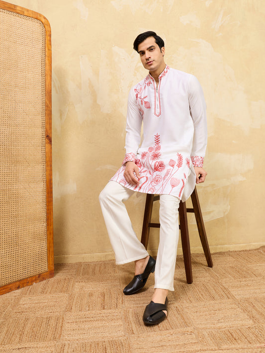 Pure White Khadi Silk Kurta for Men with Vibrant Red Floral Embroidery – Designer Festive & Wedding Wear