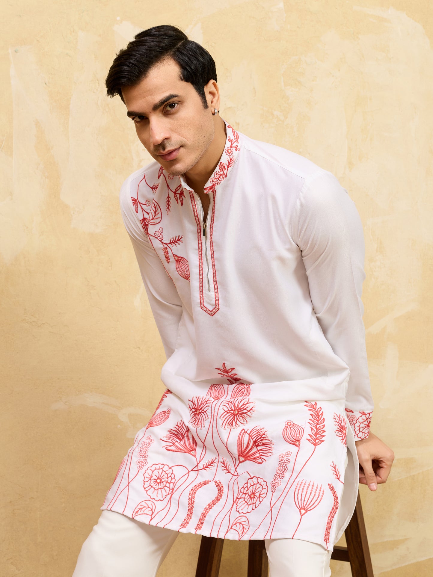 Pure White Khadi Silk Kurta for Men with Vibrant Red Floral Embroidery – Designer Festive & Wedding Wear